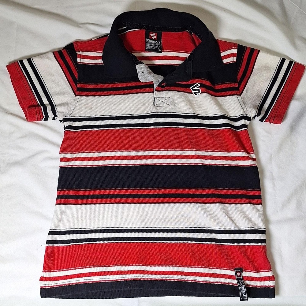 Vintage Y2K South Pole Polo Shirt  Black White Striped Rugby Style Hip Hop Size6
